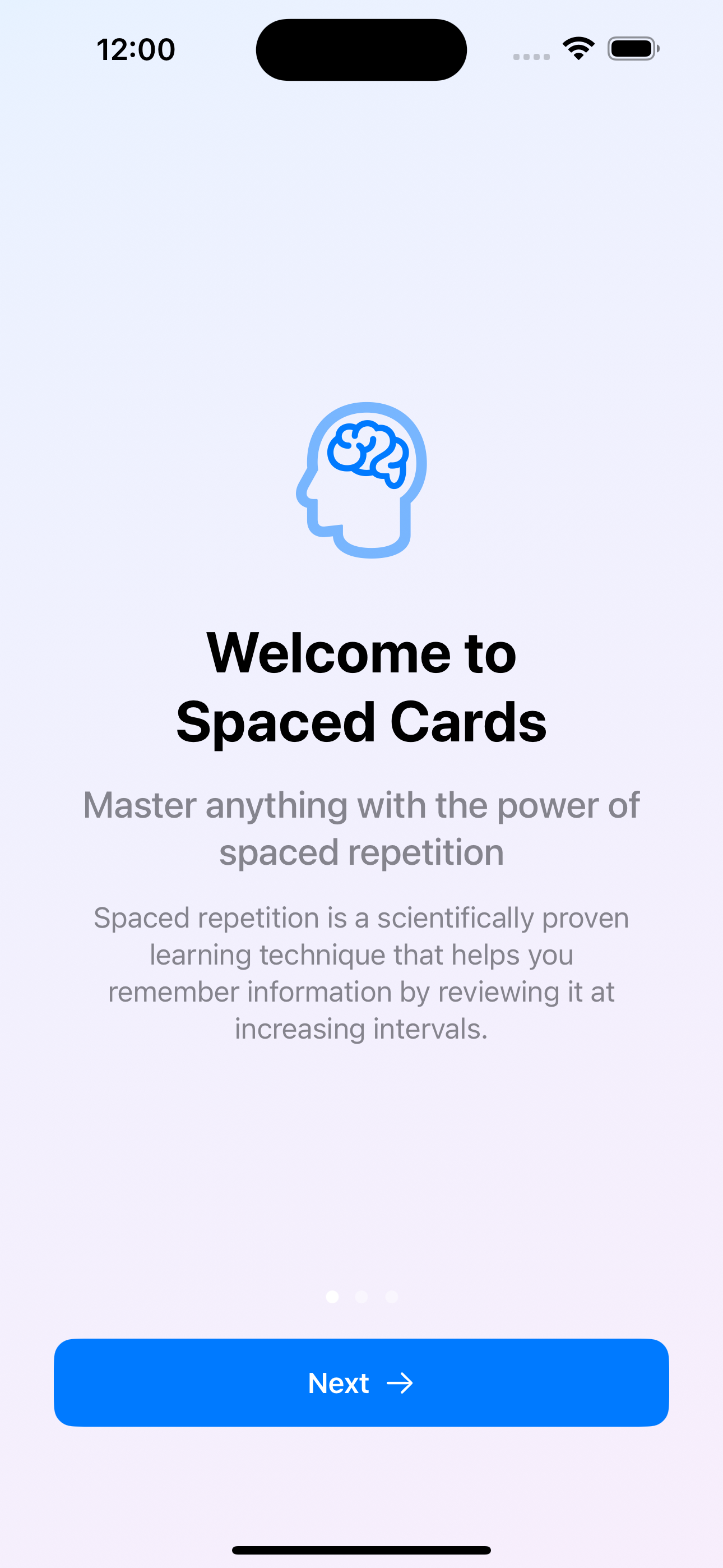 Spaced RepiCards Welcome Screen